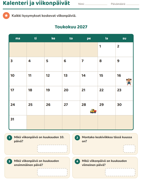 Esikatselu: Kalenteri ja viikonpäivät: kolme vastausta neljästä on viikonpäivä