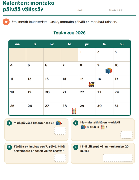 Esikatselu: Kalenteri-tehtäväarkki, 2. luokka