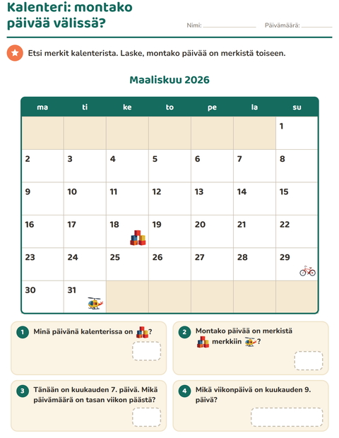 Esikatselu: Kalenteri-tehtäväarkki, 2. luokka