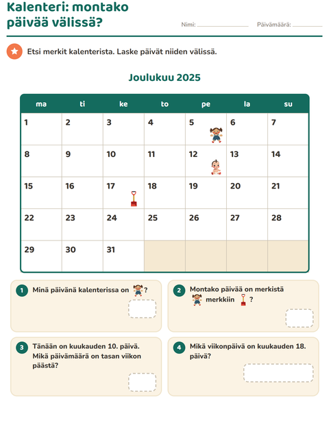 Kalenteri ja päivien laskeminen: montako päivää merkkien välissä?