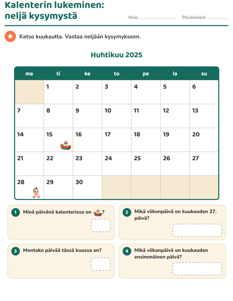 Esikatselu: Kalenteri-tehtäväarkki, 2. luokka