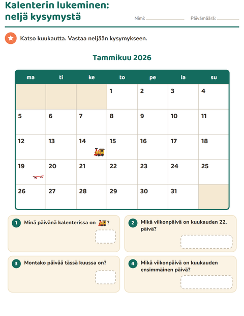 Esikatselu: Kalenteri-tehtäväarkki, 2. luokka