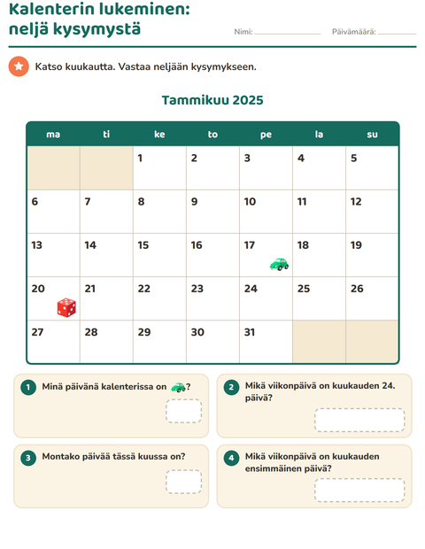 Esikatselu: Kalenteri-tehtäväarkki, 2. luokka