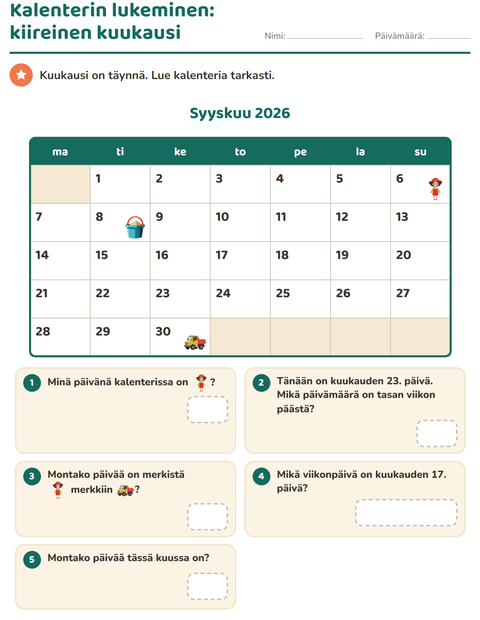 Esikatselu: Kalenteri-tehtäväarkki, 2. luokka
