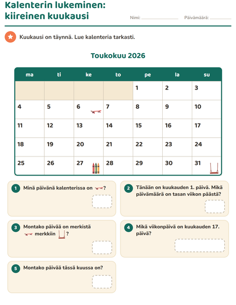 Esikatselu: Kalenteri-tehtäväarkki, 2. luokka