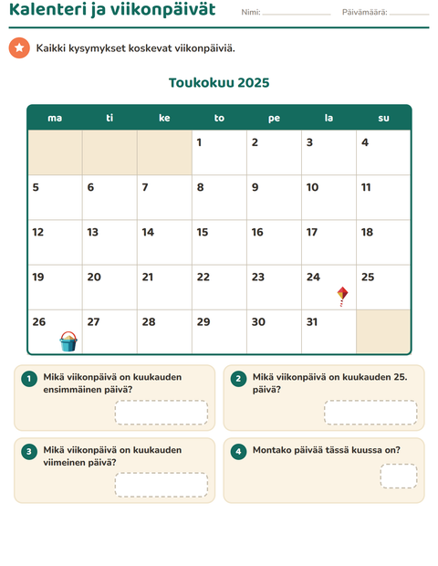 Esikatselu: Kalenteri-tehtäväarkki, 2. luokka