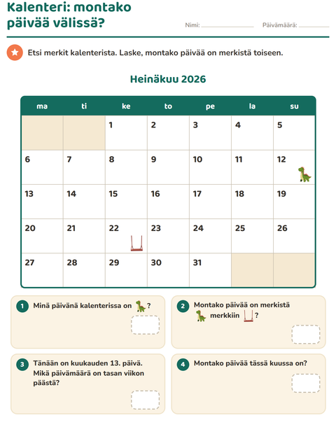 Esikatselu: Kalenteri-tehtäväarkki, 2. luokka