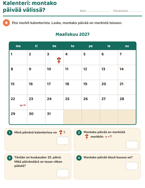 Esikatselu: Kalenteri-tehtäväarkki, 2. luokka