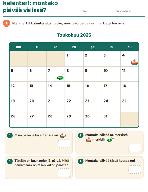 Esikatselu: Kalenteri-tehtäväarkki, 2. luokka