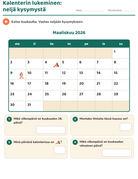 Esikatselu: Kalenteri-tehtäväarkki, 2. luokka