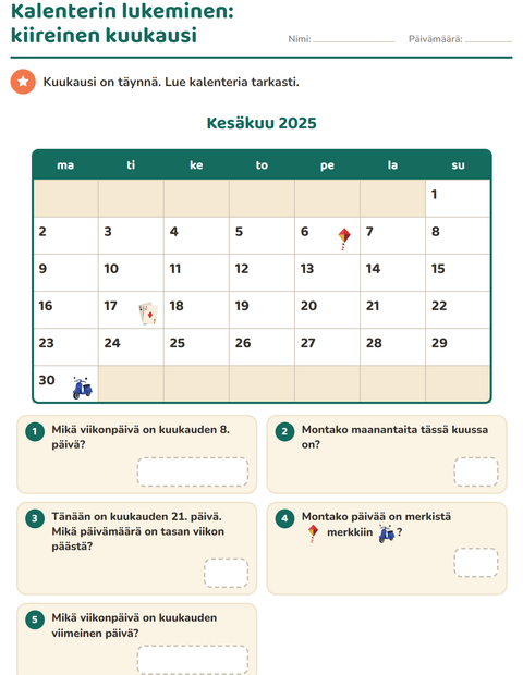 Esikatselu: Kalenteri-tehtäväarkki, 2. luokka