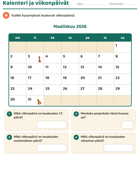 Esikatselu: Kalenteri-tehtäväarkki, 2. luokka