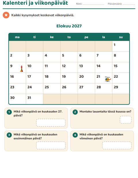Esikatselu: Kalenteri-tehtäväarkki, 2. luokka