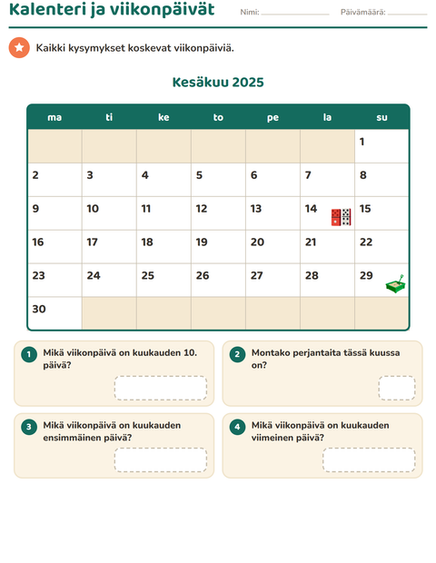 Esikatselu: Kalenteri-tehtäväarkki, 2. luokka
