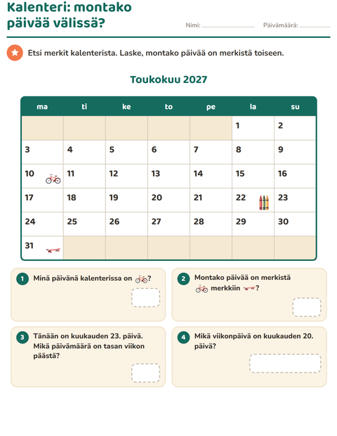 Esikatselu: Kalenteri-tehtäväarkki, 2. luokka