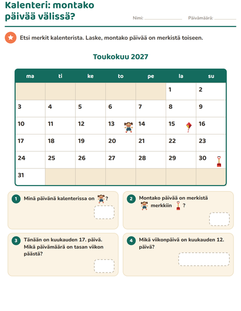 Esikatselu: Kalenteri-tehtäväarkki, 2. luokka