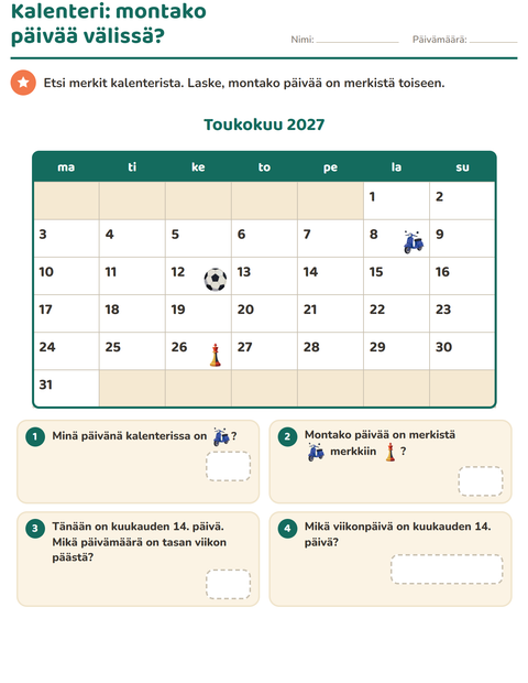 Esikatselu: Kalenteri-tehtäväarkki, 2. luokka