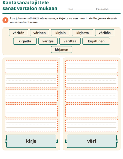 Kantasana: lajittele sanat vartalon mukaan