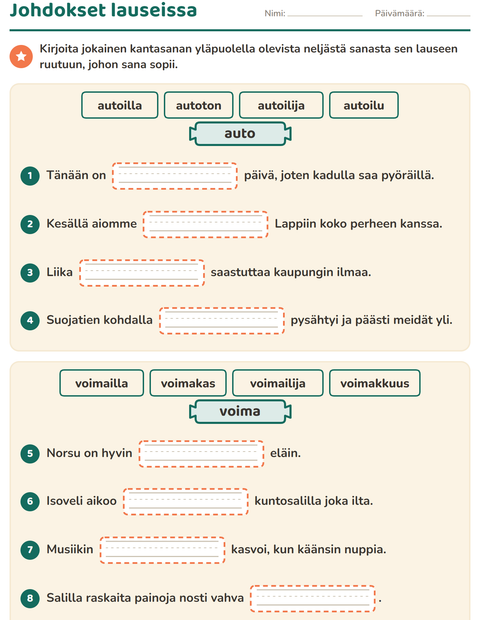 Esikatselu: Kantasana ja johdokset-tehtäväarkki, 3. luokka