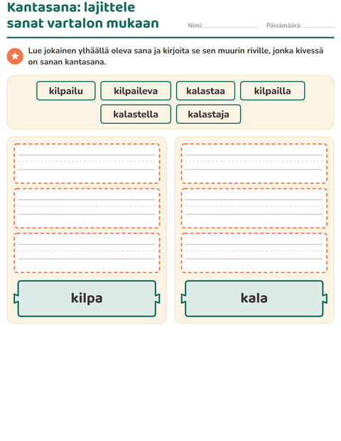 Esikatselu: Kantasana ja johdokset-tehtäväarkki, 2. luokka