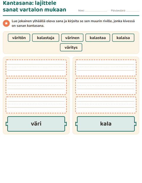 Esikatselu: Kantasana ja johdokset-tehtäväarkki, 2. luokka