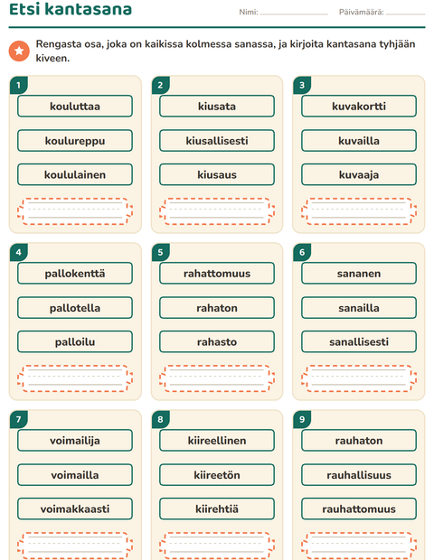Esikatselu: Kantasana ja johdokset-tehtäväarkki, 2. luokka