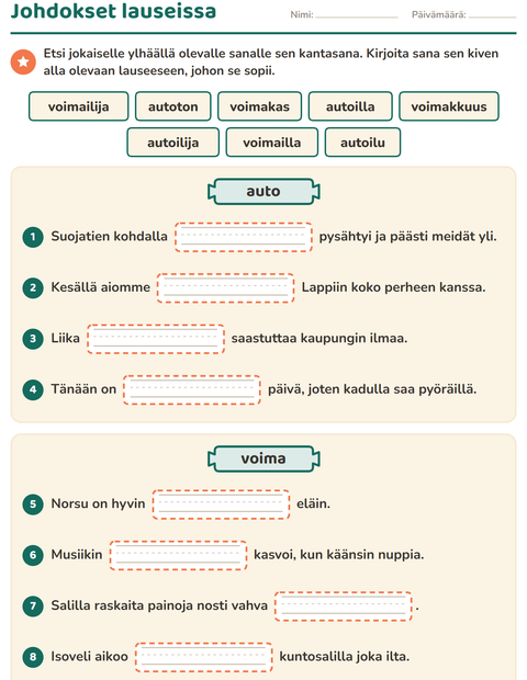 Esikatselu: Kantasana ja johdokset-tehtäväarkki, 3. luokka