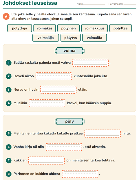 Esikatselu: Kantasana ja johdokset-tehtäväarkki, 3. luokka