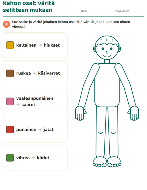 Kehon osat: väritä selitteen mukaan