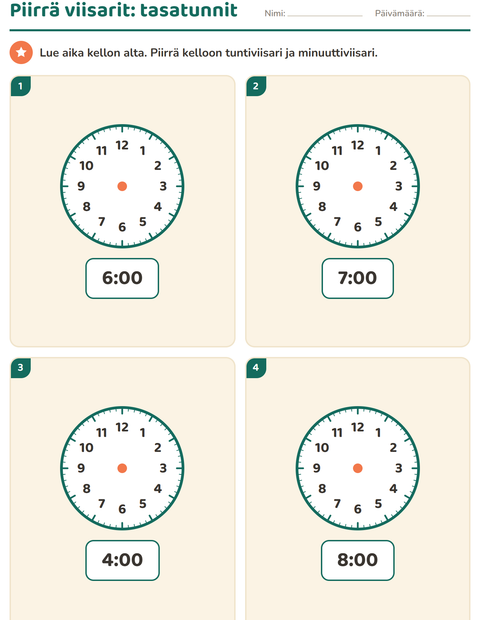 Piirrä viisarit: tasatunnit