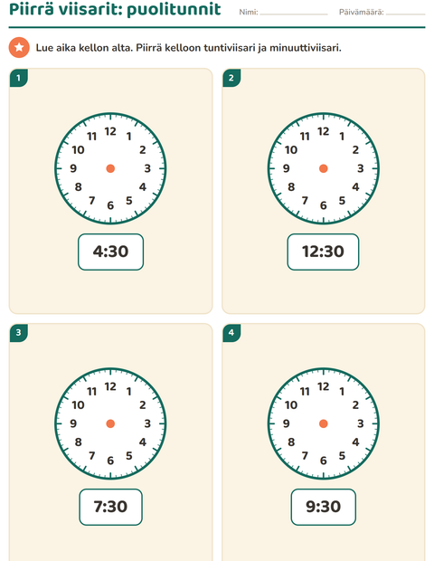 Piirrä viisarit: puolitunnit