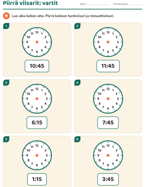 Piirrä viisarit: vartit