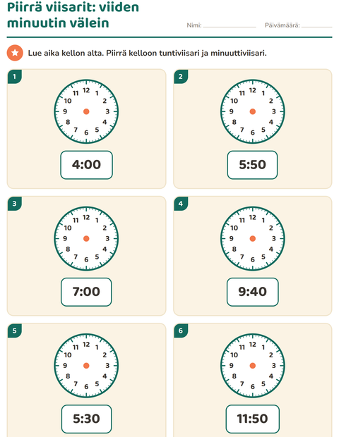Kellonajat viiden minuutin tarkkuudella