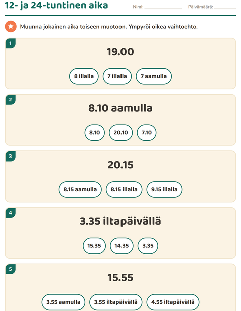 Esikatselu: Kellonajat-tehtäväarkki, 3. luokka