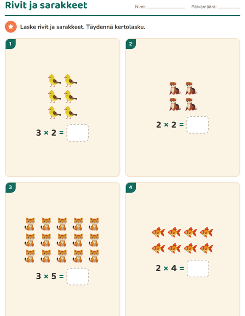 Esikatselu: Kertolaskun alkeet-tehtäväarkki, aiheena Lemmikit, 2. luokka