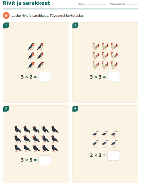 Esikatselu: Kertolaskun alkeet-tehtäväarkki, aiheena Linnut 2, 2. luokka