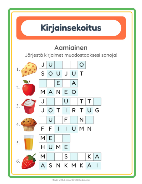Kirjainsekoitus, helpot sanat – Aamiainen