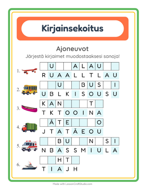 Esikatselu: Kirjainsekoitus-tehtäväarkki, aiheena Ajoneuvot, 1. luokka