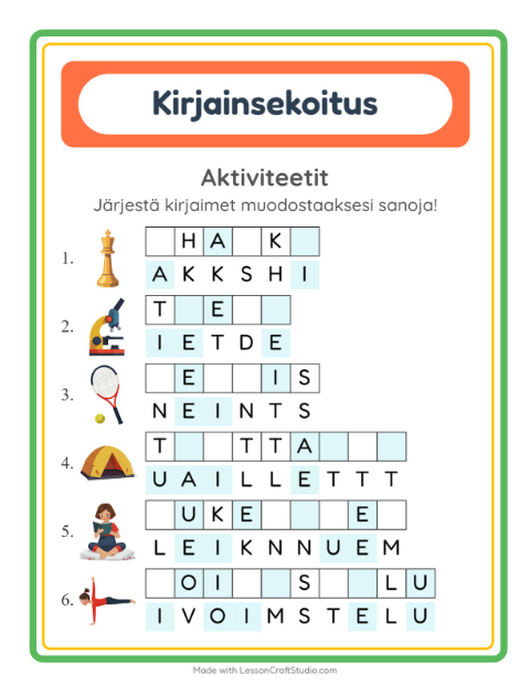 Esikatselu: Kirjainsekoitus-tehtäväarkki, aiheena Aktiviteetit, 1. luokka