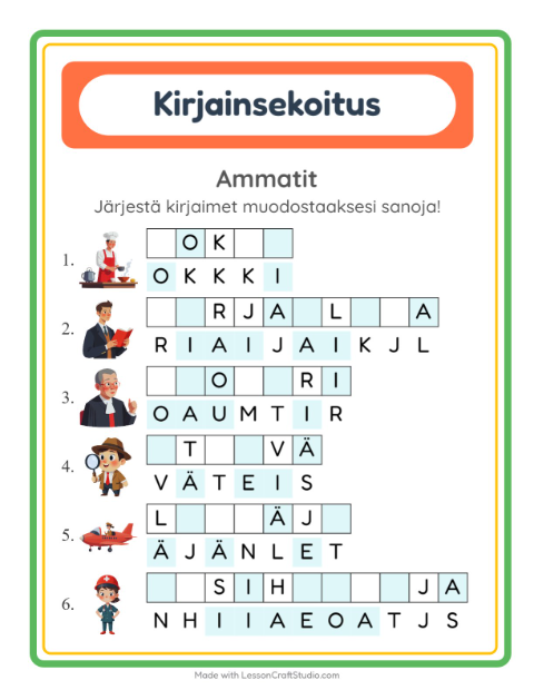 Esikatselu: Kirjainsekoitus, helpot sanat: Ammatit – 1. luokan oppilaille