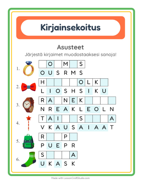 Kirjainsekoitus, helpot sanat – Asusteet