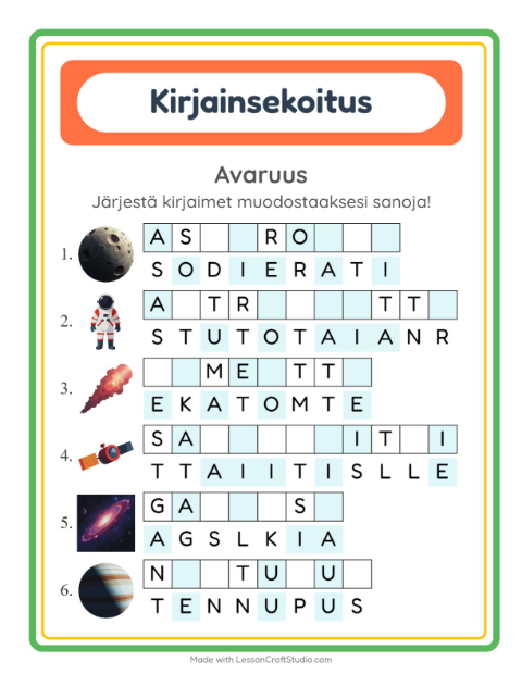Kirjainsekoitus, helpot sanat – Avaruus