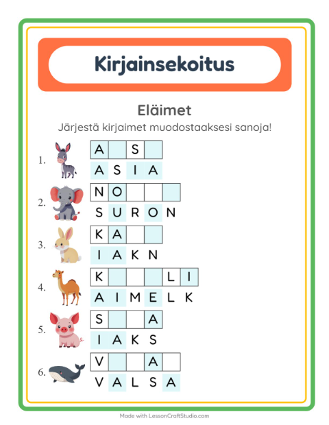 Esikatselu: Kirjainsekoitus-tehtäväarkki, aiheena Eläimet, 1. luokka