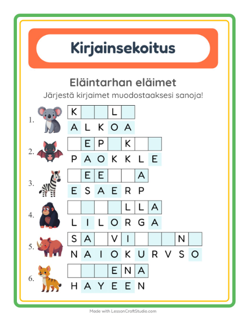 Kirjainsekoitus, helpot sanat – Eläintarhan eläimet