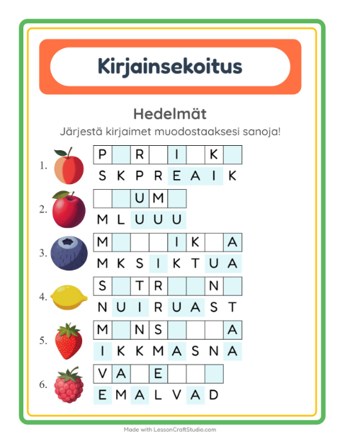 Esikatselu: Kirjainsekoitus-tehtäväarkki, aiheena Hedelmät, 1. luokka