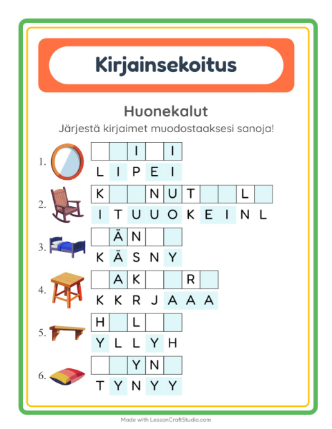 Kirjainsekoitus, helpot sanat – Huonekalut