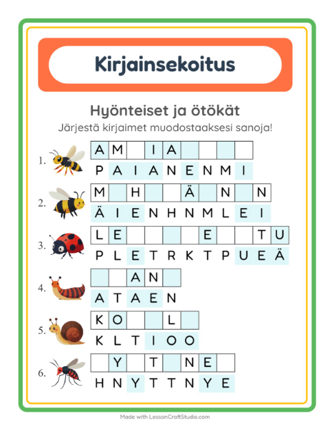 Esikatselu: Kirjainsekoitus-tehtäväarkki, aiheena Hyönteiset ja ötökät, 1. luokka
