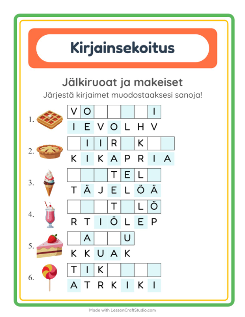Esikatselu: Kirjainsekoitus-tehtäväarkki, aiheena Jälkiruoat ja makeiset, 1. luokka