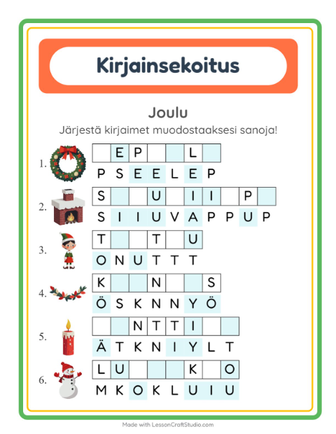 Kirjainsekoitus, helpot sanat – Joulu