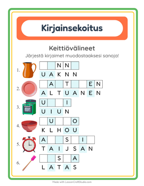 Esikatselu: Kirjainsekoitus-tehtäväarkki, aiheena Keittiövälineet, 1. luokka